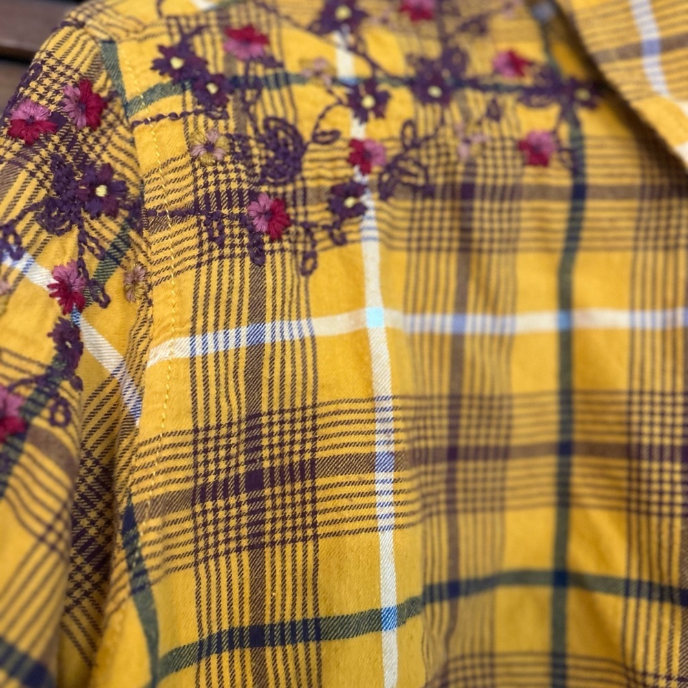 Yellow Plaid Button-Up Shirt with Embroidery - Picture 7 of 11